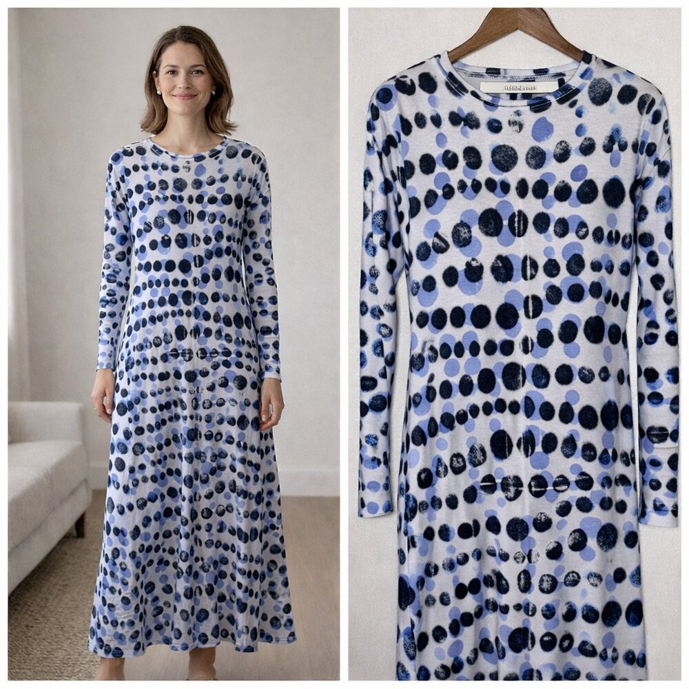 Annie Turbin Women Wearable Art Midi Dress Size S Blue Black Dot Jersey Made USA